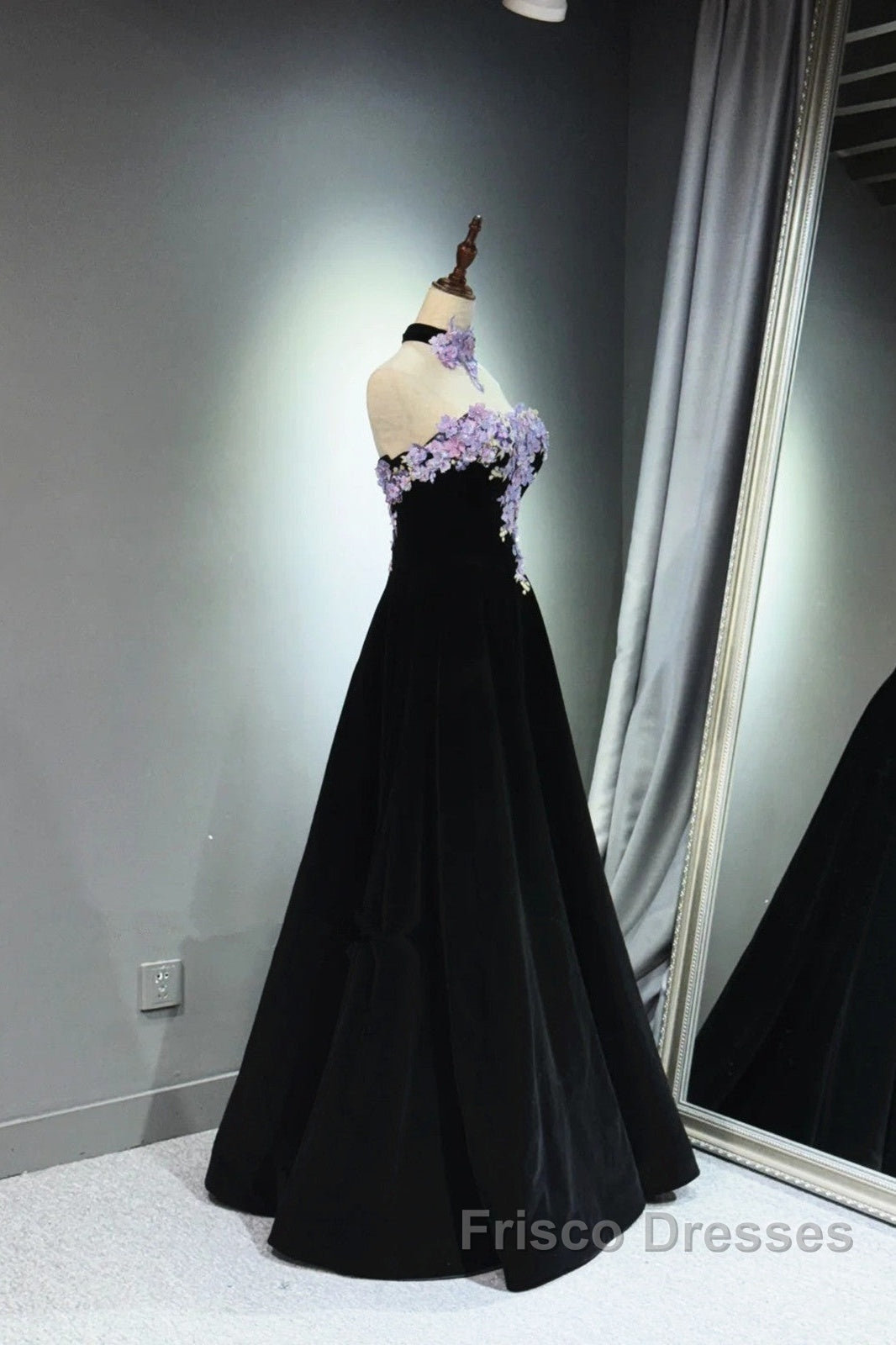 A-Line Black Velvet Long Party Dress With Lace Applique, Black Velvet Formal Prom Dress