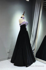 A-Line Black Velvet Long Party Dress With Lace Applique, Black Velvet Prom Dress