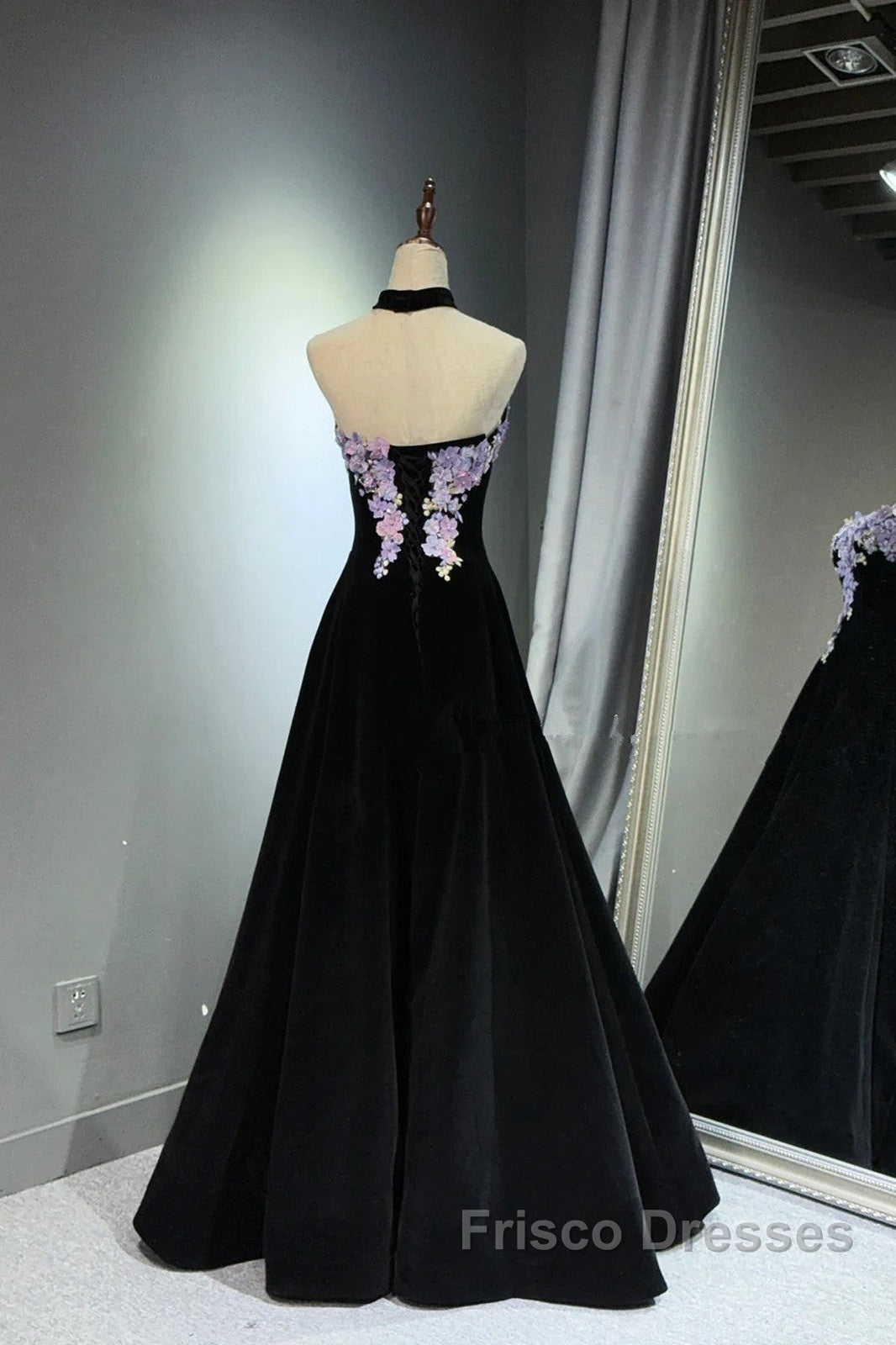 A-Line Black Velvet Long Party Dress With Lace Applique, Black Velvet Formal Prom Dress