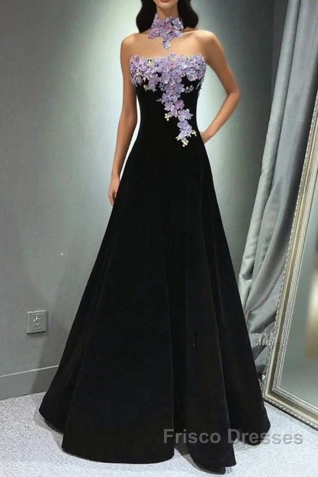 A-Line Black Velvet Long Party Dress With Lace Applique, Black Velvet Formal Prom Dress Main image