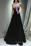 A-Line Black Velvet Long Party Dress With Lace Applique, Black Velvet Formal Prom Dress