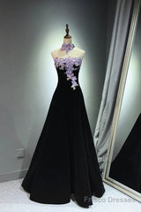 A-Line Black Velvet Long Party Dress With Lace Applique, Black Velvet Prom Dress