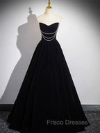 A-Line Black Velvet Long Formal Prom Dress, Black Long Evening Dress