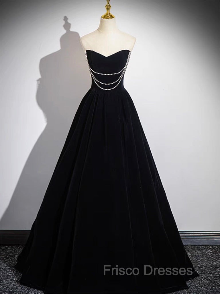 A-Line Black Velvet Long Formal Prom Dress, Black Long Evening Dress