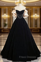 A-Line Black Velvet Long Formal Prom Dress, Black Long Evening Dress