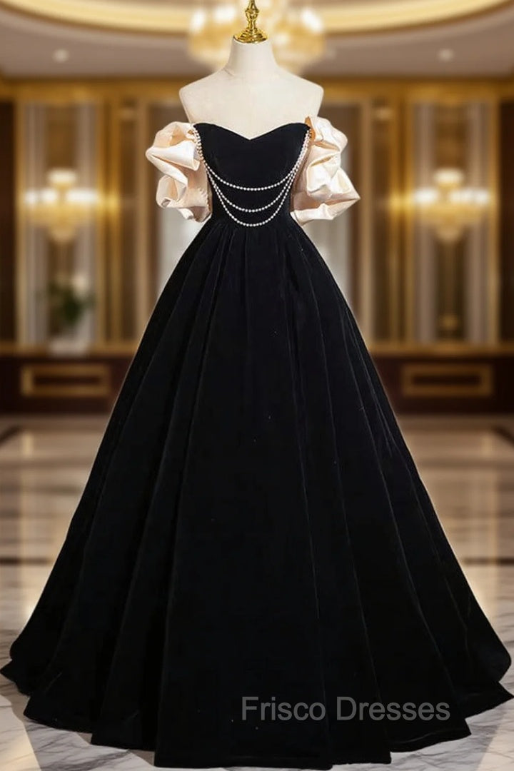 A-Line Black Velvet Long Formal Prom Dress, Black Long Evening Dress