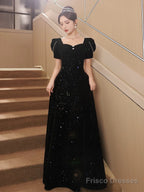 A-Line Black Velvet Long Simple Floor Length Prom Dress, Black Velvet Party Dress
