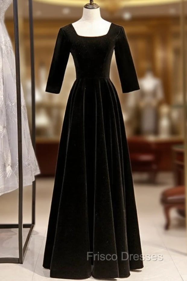 A-Line Black Velvet Square Short Sleeve Formal Prom Dress Main image