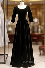 A-Line Black Velvet Square Short Sleeve Formal Prom Dress