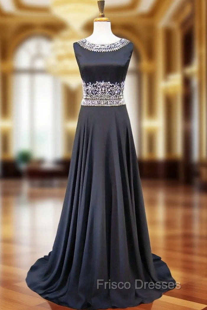 A-line Bling Bling Beaded Crystals Floor Length Black Formal Prom Dress