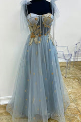 A-Line Blue And Gold Appliqed Long Formal Dress Prom Dress