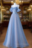 A-line Blue and Pink Beaded Tulle Long Party Dress, Blue Formal Prom Dress