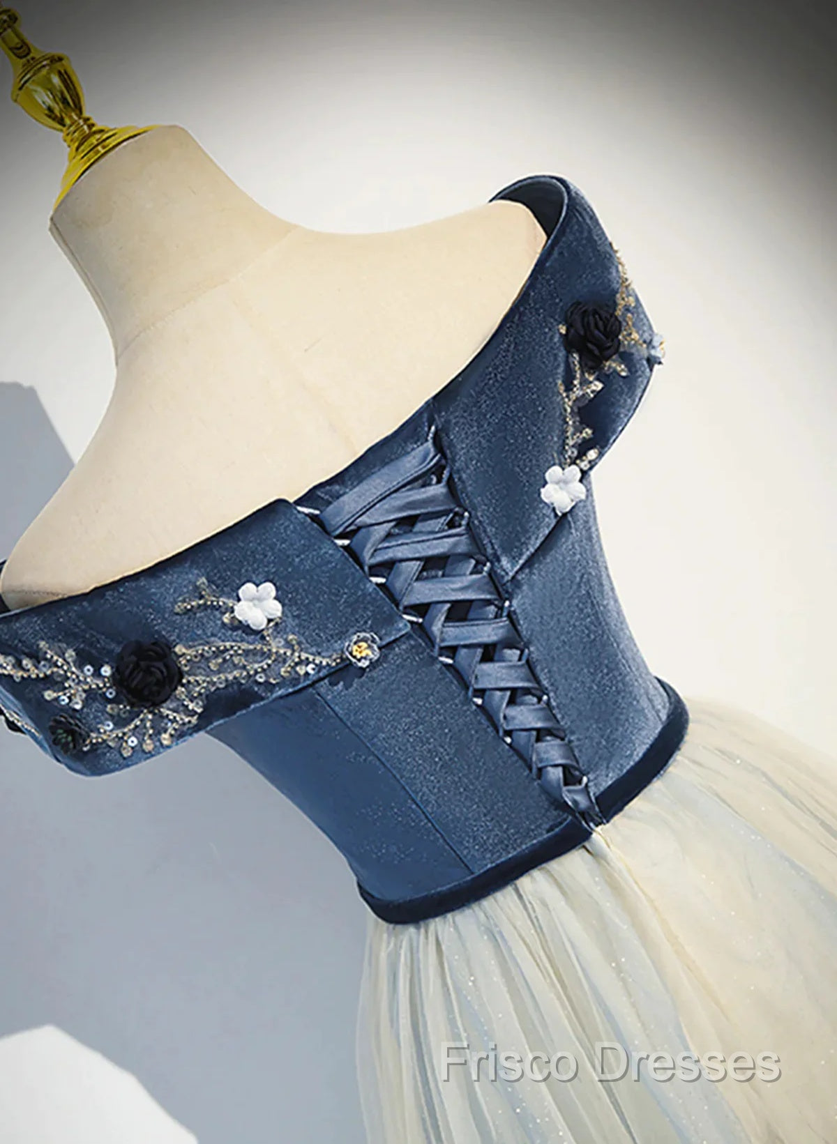 A-Line Blue-Grey Off Shoulder Long Party Dress, Tulle And Velevet Long Formal Prom Dress