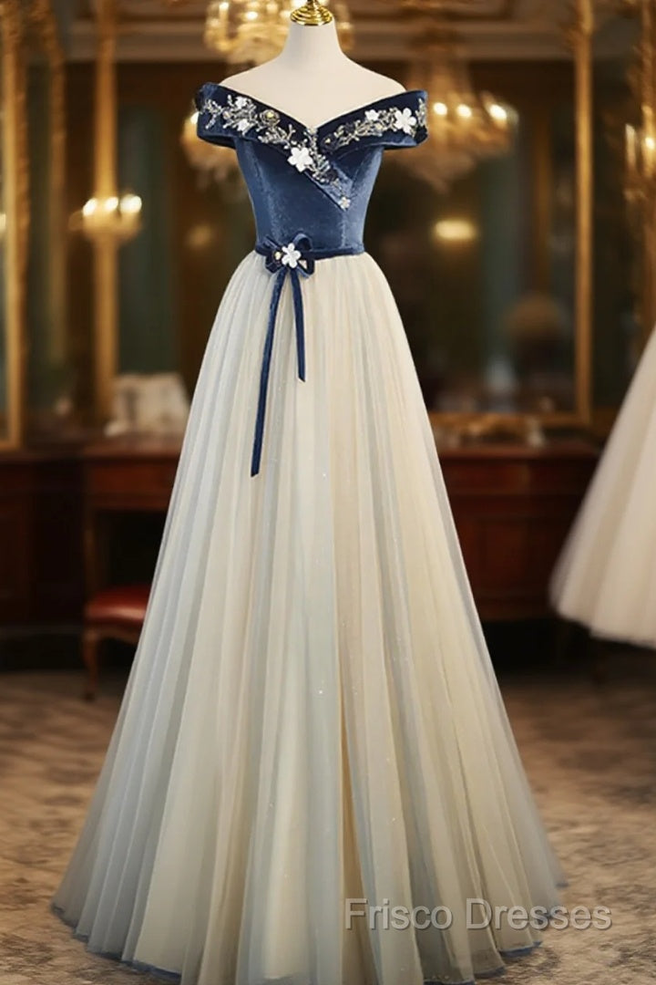 A-Line Blue-Grey Off Shoulder Long Party Dress, Tulle And Velevet Long Formal Prom Dress Main image