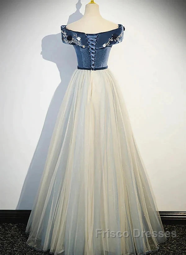 A-Line Blue-Grey Sequins Off Shoulder Long Party Dress Velevet Long Formal Prom Dress Secondary image