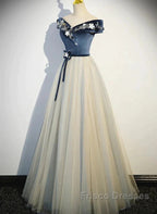 A-Line Blue-Grey Sequins Off Shoulder Long Party Dress Velevet Long Formal Prom Dress