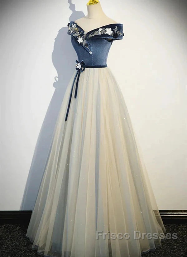 A-Line Blue-Grey Sequins Off Shoulder Long Party Dress Velevet Long Formal Prom Dress