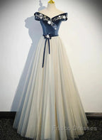 A-Line Blue-Grey Sequins Off Shoulder Long Party Dress Velevet Long Formal Prom Dress