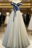 A-Line Blue-Grey Sequins Off Shoulder Long Party Dress Velevet Long Formal Prom Dress