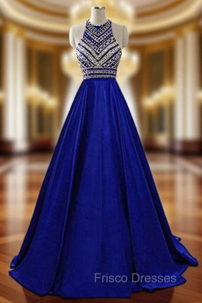 A-Line Blue Halter Satin Beading Formal Prom Dress With Pocket