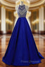 A-Line Blue Halter Satin Beading Formal Prom Dress With Pocket