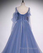 A line Blue Long Formal Prom Dress, Blue Formal Graduation Dress with Beading
