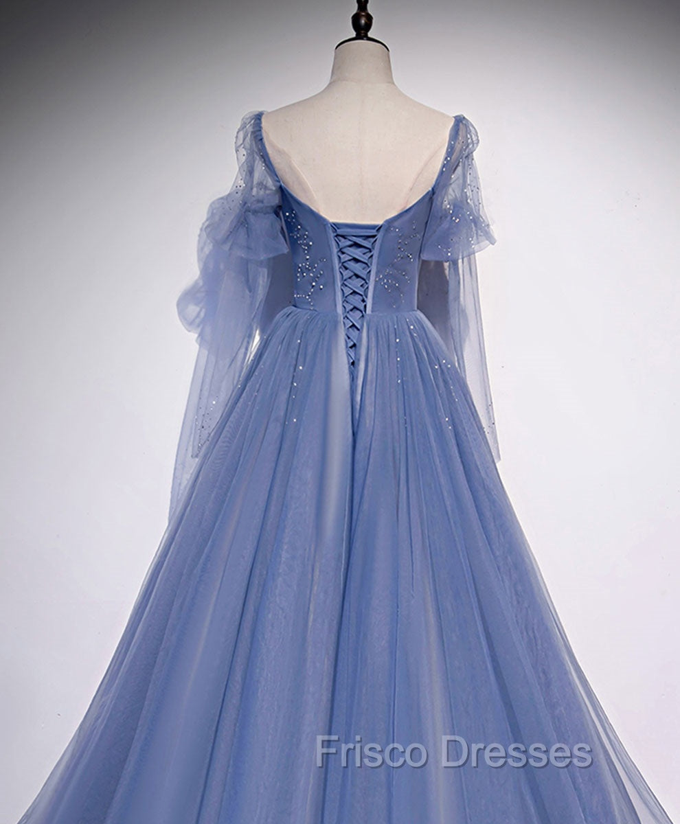 A line Blue Long Formal Prom Dress, Blue Formal Graduation Dress with Beading