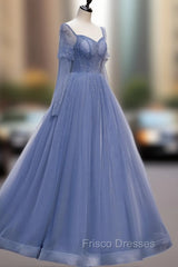 A line Blue Long Formal Prom Dress, Blue Formal Graduation Dress with Beading