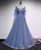 A line Blue Long Formal Prom Dress, Blue Formal Graduation Dress with Beading