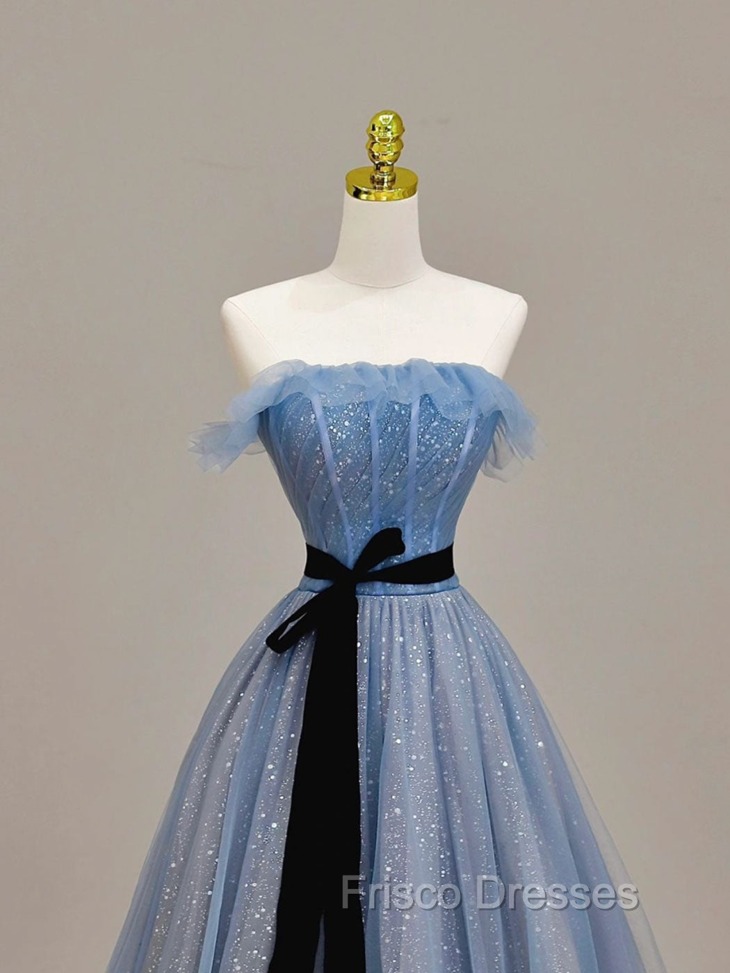 A-Line Blue Long Formal Prom Dress, Tulle Sequin Long Blue Formal Evening Dress