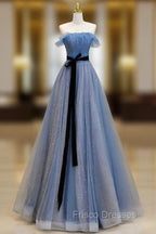 A-Line Blue Long Formal Prom Dress, Tulle Sequin Long Blue Formal Evening Dress