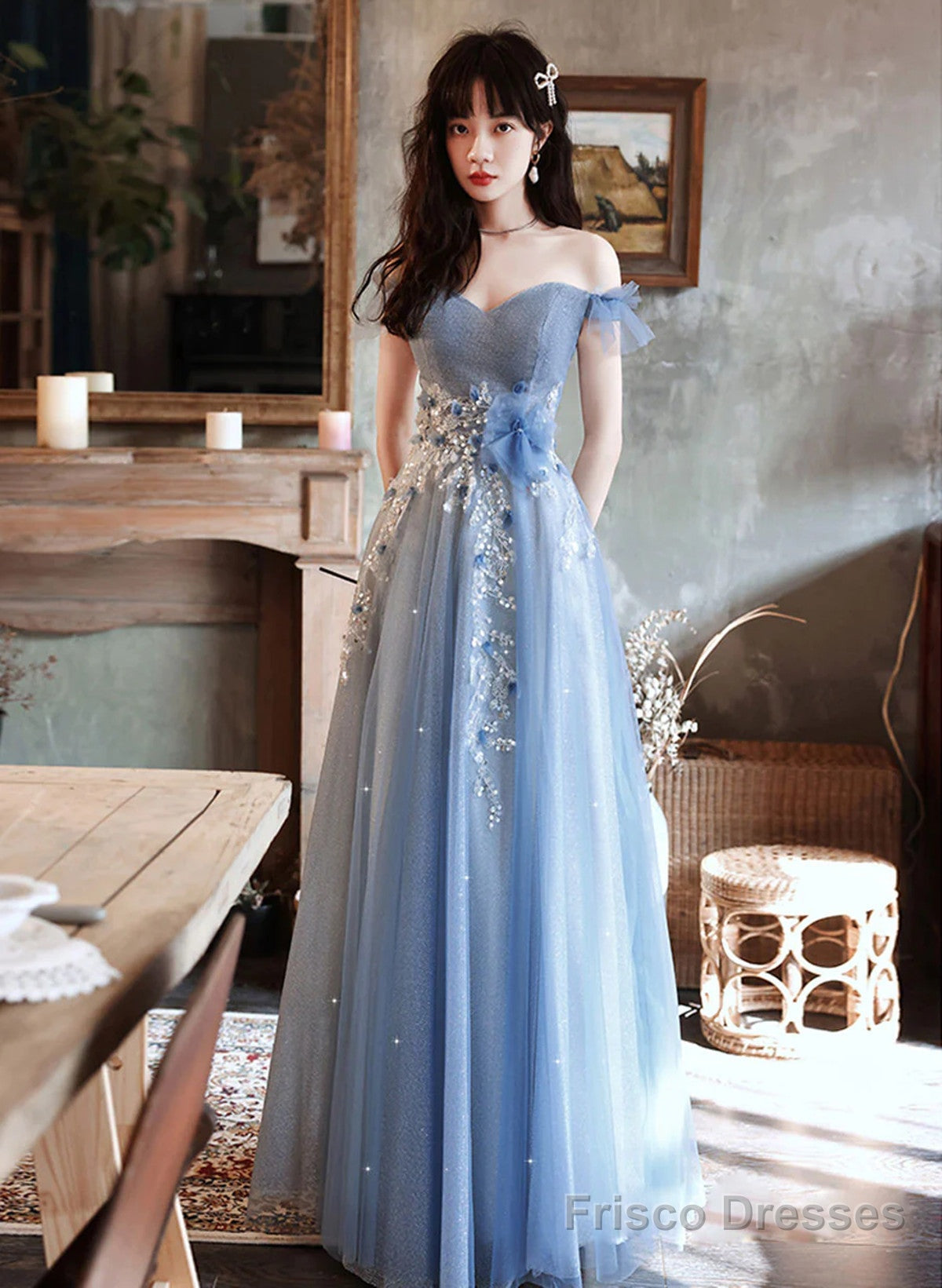 A-Line Blue Off Shoulder With Lace Long Evening Dress, Blue Long Prom Dress
