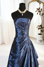 A-Line Blue Satin Beaded Floor Length Prom Dress, Blue Satin Scoop Long Party Dress
