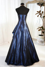 A-Line Blue Satin Beaded Floor Length Prom Dress, Blue Satin Scoop Long Party Dress