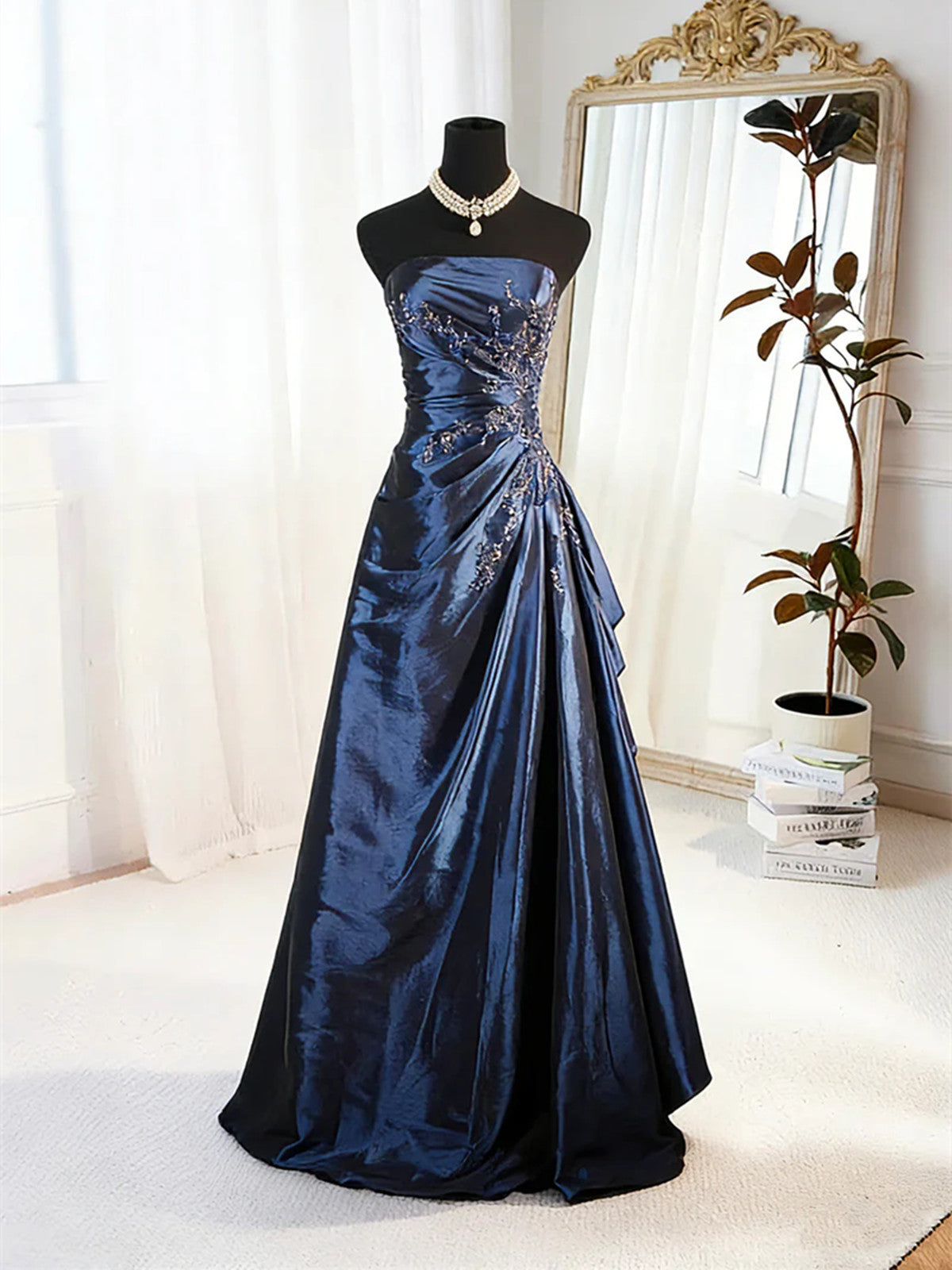 A-Line Blue Satin Beaded Floor Length Prom Dress, Blue Satin Scoop Long Party Dress