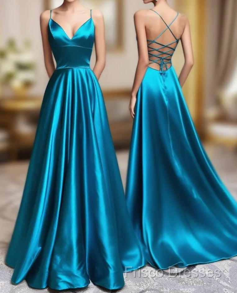A-Line Blue Satin Long Formal Prom Dress, Blue Formal Dress