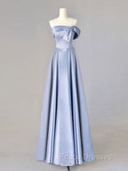A-Line Blue Satin Long Formal Prom Dress, Blue Formal Evening Dress
