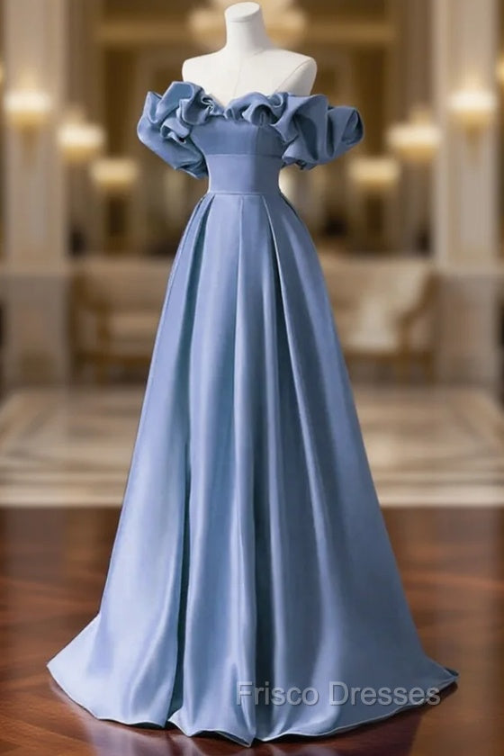 A-line Blue Satin Off Shoulder Long Evening Dress, Long Formal Dress Party Dress Main image