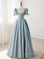 A-Line Blue Satin Puffy Sleeve Long Formal Prom Dress, Blue Formal Dress