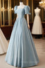 A-Line Blue Satin Puffy Sleeve Long Formal Prom Dress, Blue Formal Dress