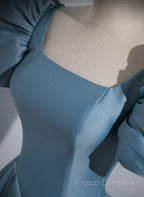 A-Line Blue Satin Short Sleeves Long Party Dress, Blue Short Sleeves Formal Prom Dress