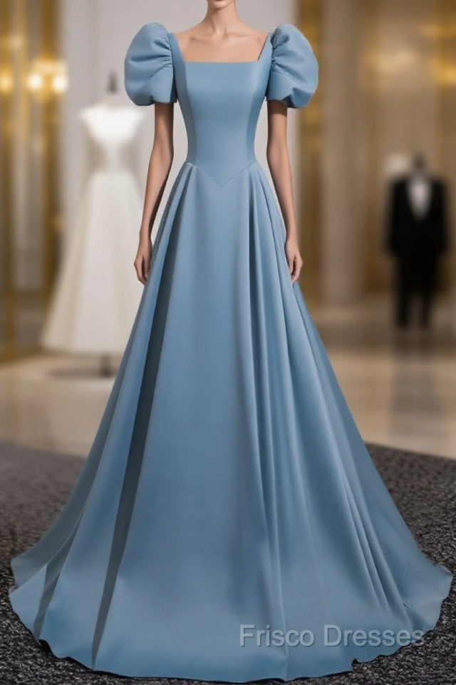 A-Line Blue Satin Short Sleeves Long Party Dress, Blue Short Sleeves Formal Prom Dress