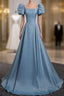 A-Line Blue Satin Short Sleeves Long Party Dress, Blue Short Sleeves Formal Prom Dress