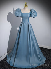 A-Line Blue Satin Short Sleeves Long Party Dress, Blue Short Sleeves Prom Dress