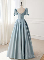 A-Line Blue Satin Short Sleevs Long Formal Dress, Blue Simple Floor Length Formal Prom Dress