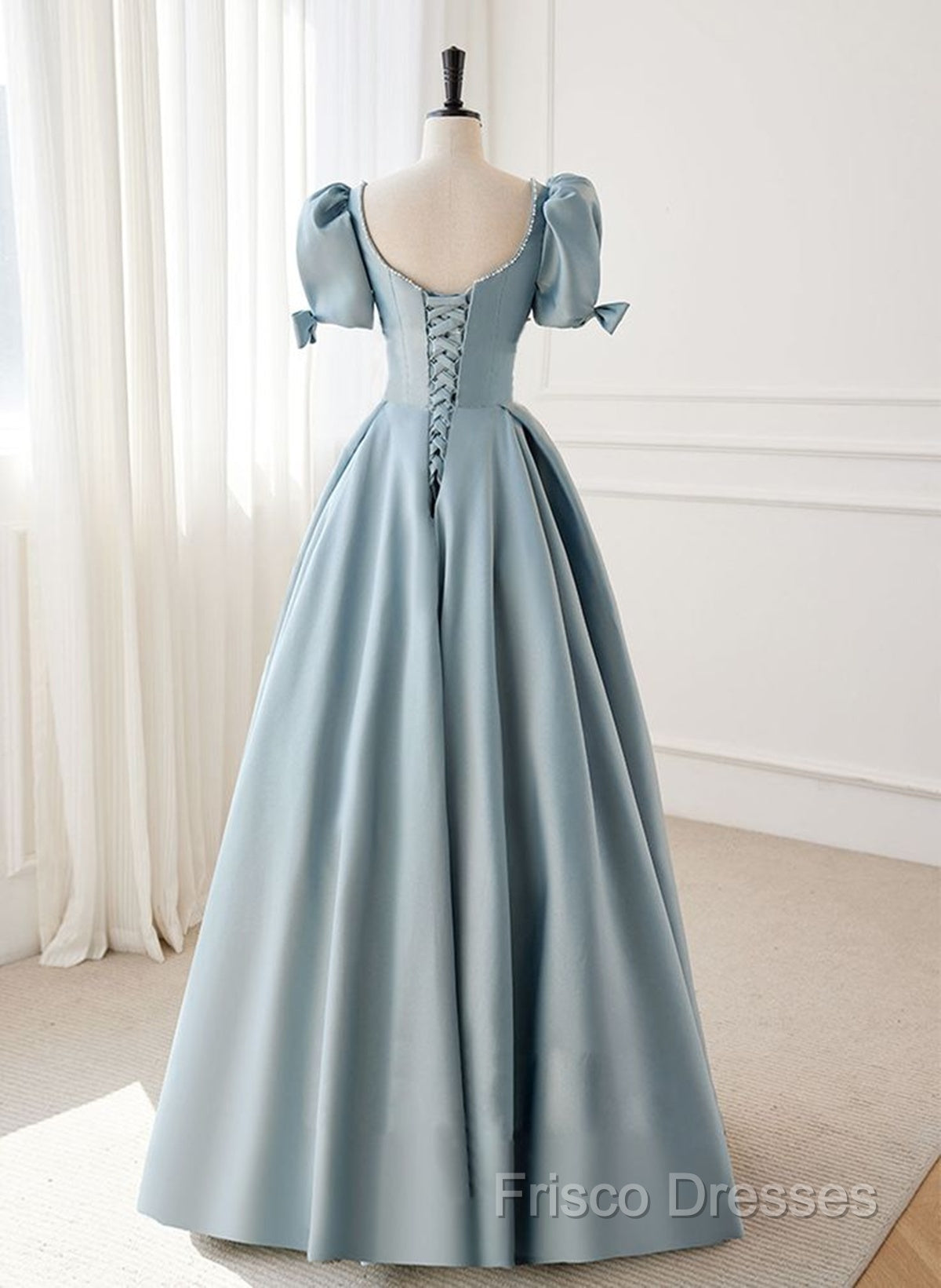 A-Line Blue Satin Short Sleevs Long Formal Dress, Blue Simple Floor Length Formal Prom Dress