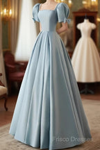 A-Line Blue Satin Short Sleevs Long Formal Dress, Blue Simple Floor Length Formal Prom Dress