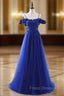A-Line Blue Satin Tulle Spaghetti Straps Appliques Formal Prom Dress