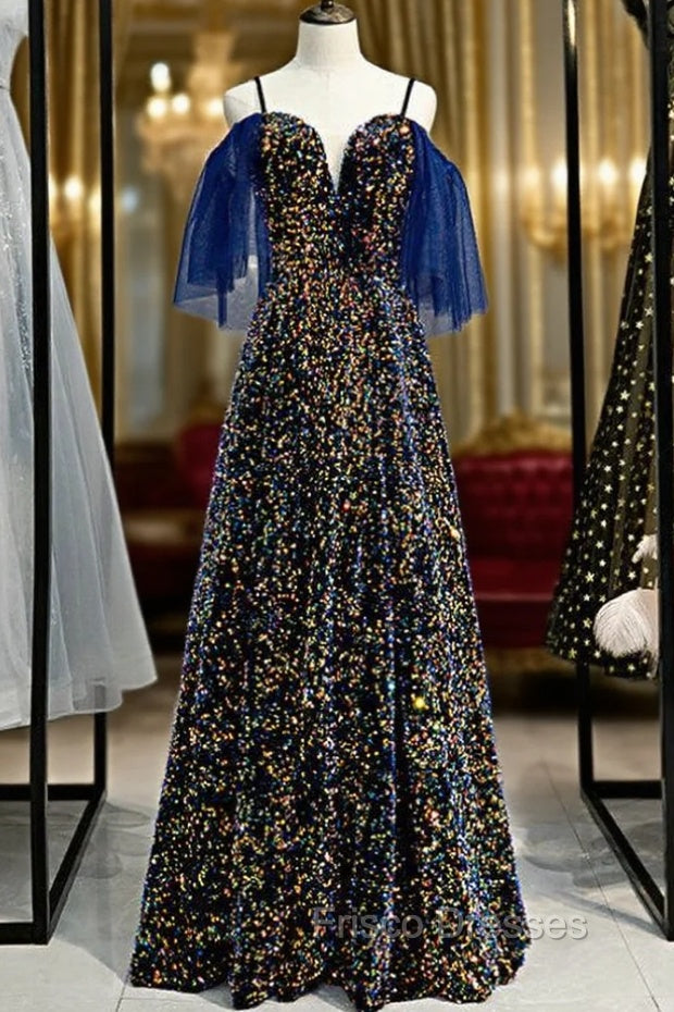 A-Line Blue Sequins Spaghetti Straps V-neck Formal Prom Dress Main image