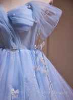 A-Line Blue Short Off Shoulder Knee Length Homecoming Dress, Blue Short Formal Prom Dress